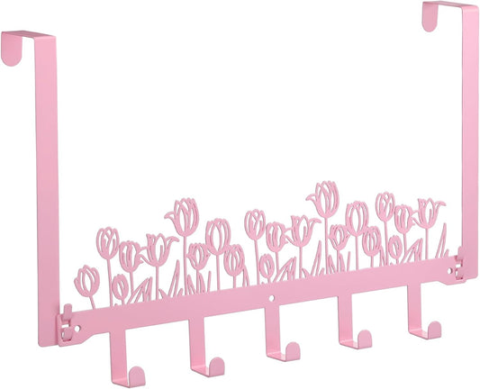AceOrbit Pink Tulip Over The Door Hooks Wall Mount Towel Hanger Cute Door Holder Rack with 5 Hooks Hanging Towel, Coat Keys, Bags, Hats, Clothes for Bedroom Bathroom Kitchen Dorm Room Organizer