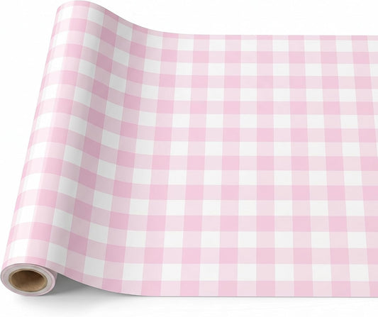 Tinlade Pink White Gingham Paper Table Runner Roll 25' Long x 16" Wide Disposable Checkered Table Runner for Birthday Party Wedding Baby Shower Bridal Holiday Christmas Tabletop Home Decor