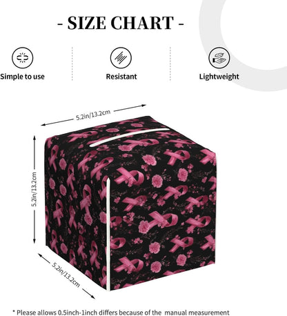 Pink Ribbon Flowers Print Tissue Box Cover Holder Square, Foldable Modern Cube Tissue Box Cover, Leather Decorative Organizer for Tabletop Bathroom Car Office Desk Decor