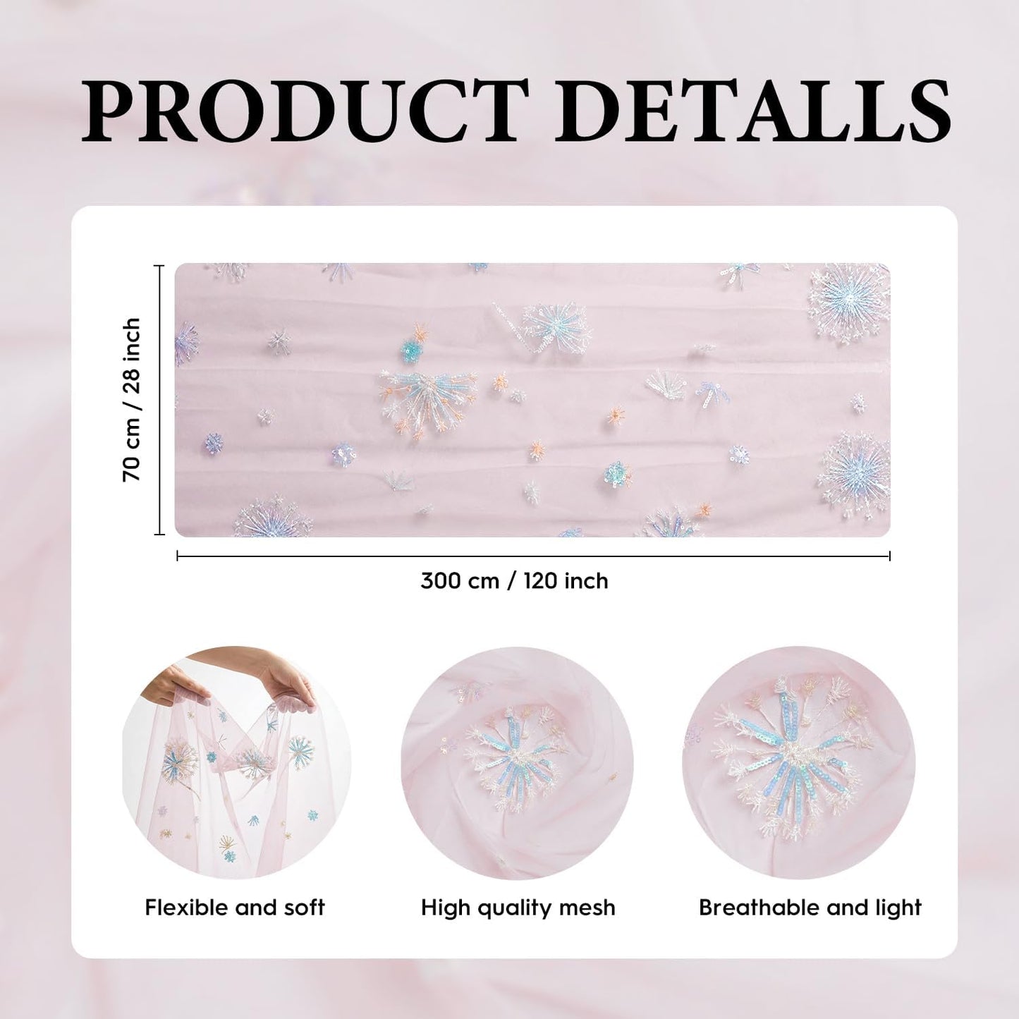 Artoid Mode Sequin Dandelion Floral Pink Gauze Embroidery Table Runner 120 Inch 10FT, Tulle Spring Kitchen Dining Holiday Table Decor for Home Party