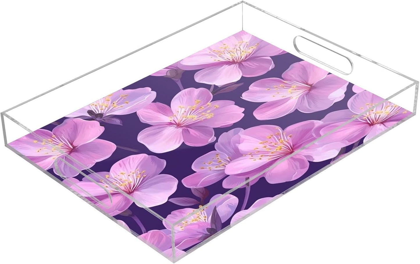 Peach Flowers Acrylic Serving Tray with Handles,Clear Serving Tray Decorative Organiser for Ottoman, Kitchen, Bedroom Decorative 12x16 Inches