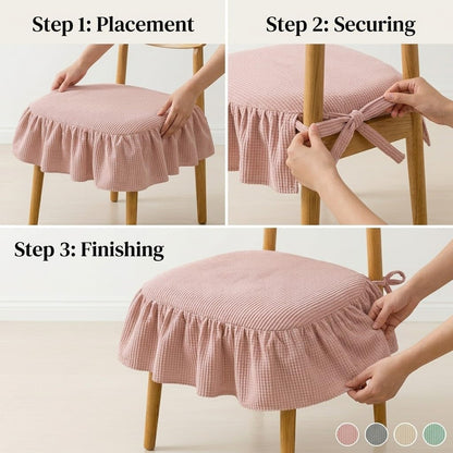 Ruffled Chair Cushion with Removable Cover & Insert, 17x18 Inch Cotton Linen Dining Chair Pad with Ties, Shabby Chic Farmhouse Seat Cushion for Kitchen (Pink)