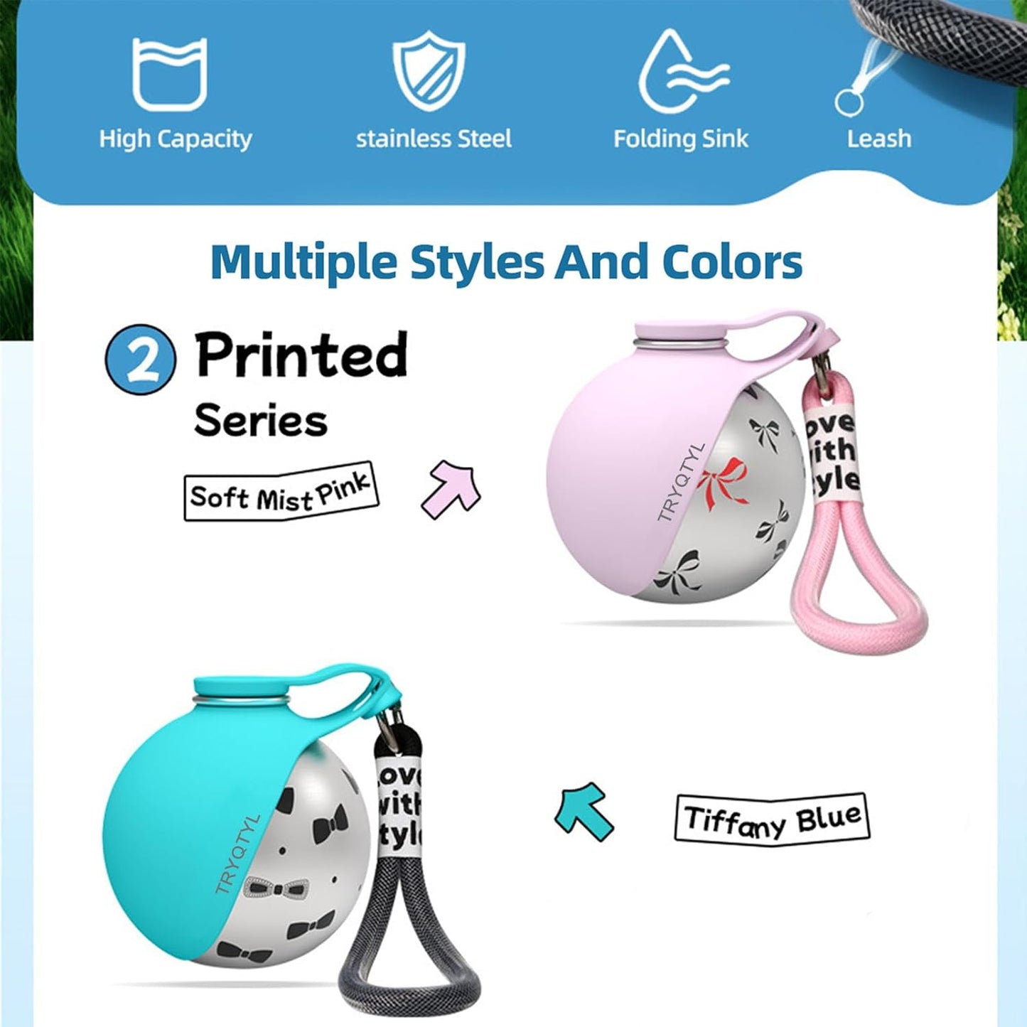 Dog Water Bottle, 10oz Stainless Steel Portable Dog Water Bottle with Foldable Silicone Bowl, 2-in-1 Portable Dog Water Bowl for Water & Food, Water Dispenser for Dogs Walking (Pink)