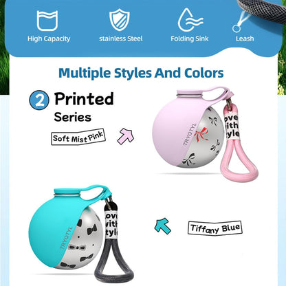 Dog Water Bottle, 10oz Stainless Steel Portable Dog Water Bottle with Foldable Silicone Bowl, 2-in-1 Portable Dog Water Bowl for Water & Food, Water Dispenser for Dogs Walking (Pink)