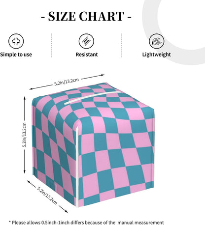 Blue Pink Checkered Warped Checkerboard Tissue Box Cover Square PU Leather Tissue Holder for Tabletop, Bathroom, Office