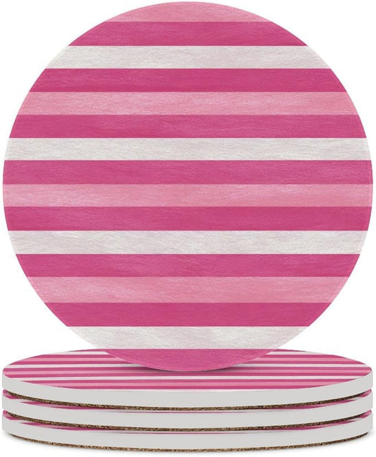 Hot Pink White Horizontal Stripes Pattern Coasters Set of 4 Absorbent Coasters