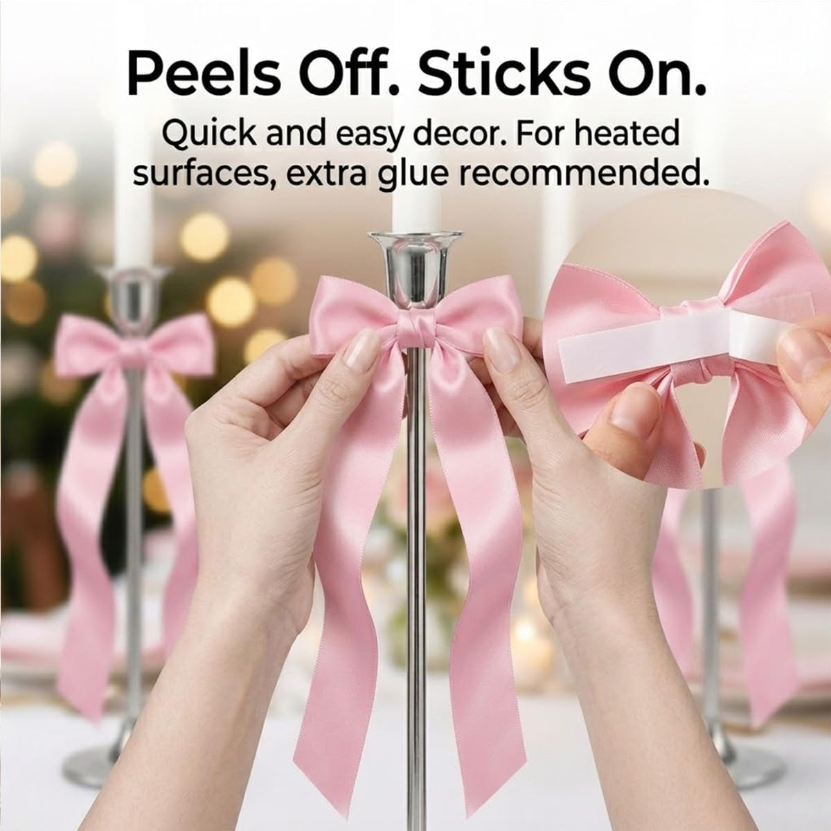 Pink Bows Decor for Candlesticks, 10 Pcs Long Tail Fabric Ribbon Bows for Candle Holder Decor, Pink Bow Decorations for Wedding Table Centerpieces, Home, Party and Holiday Styling