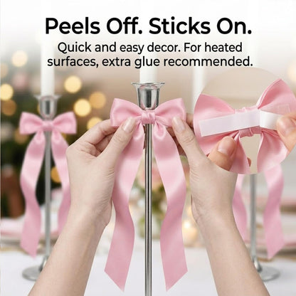 Pink Bows Decor for Candlesticks, 10 Pcs Long Tail Fabric Ribbon Bows for Candle Holder Decor, Pink Bow Decorations for Wedding Table Centerpieces, Home, Party and Holiday Styling