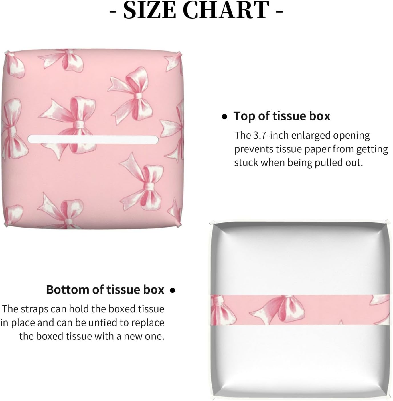 Ribbon Bow Pink Print Tissue Box Cover Holder Cube, Foldable Leather Tissue Box Cover Square, Modern Decorative Organizer for Tabletop Bathroom Car Office Desk Decor
