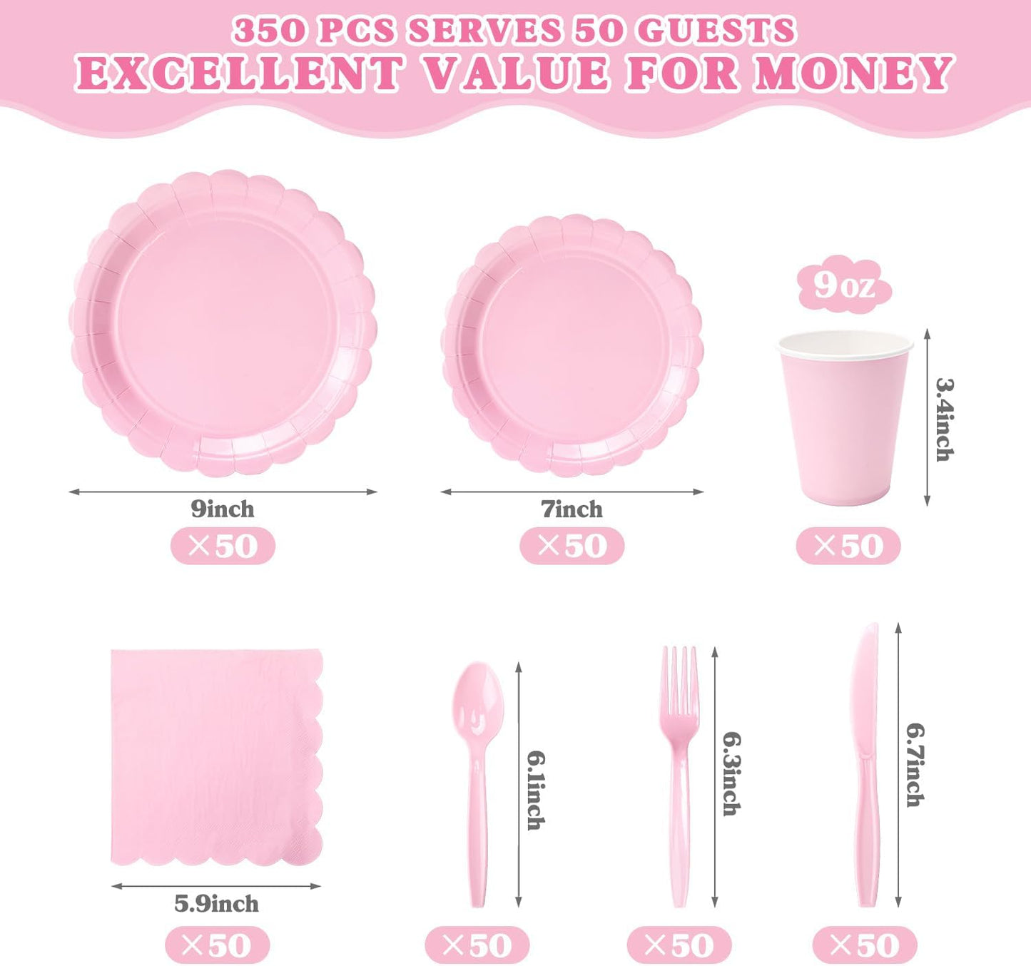 Vyntra 350 Pcs Pink Paper Plates and Napkins Set for 50, 9" Dinner Plates & 7" Dessert Plates, Tableware for Birthday Party, Mother's Day