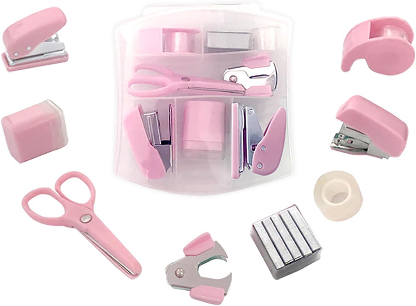 Mini Office Supply Kits Mini School Supplies – Includes Mini Stapler,Scissors, Staple Remover, Staples, Tape Dispenser (Pink)