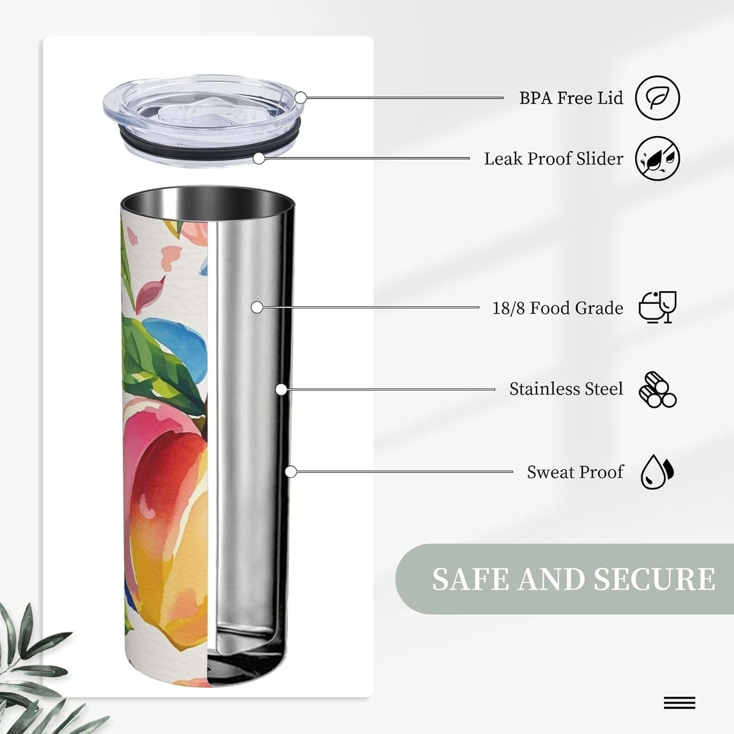 Colorful Peach Watercolor 20oz Tumbler Stainless Steel Insulated Travel Tumblers Leakproof Travel Coffee Mug With Lid And Straw Water Bottle Drink Tumbler Cups Gifts For Women Men Lovers
