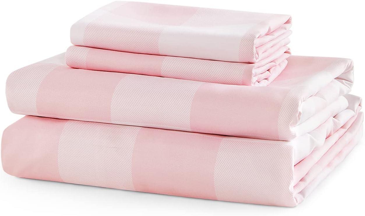 Wake In Cloud - Gingham Bed Sheets, 4-Piece Sheet Set, Cute Plaid Buffalo Check Checker Geometric Aesthetic Bedding, Deep Pocket, Pink, Full Size