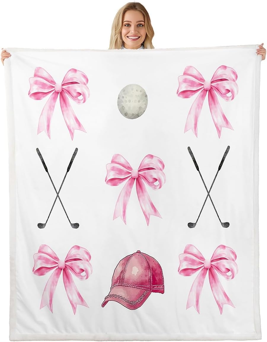 Kawaii Bow Throw Blanket,Girls Golf Bowknot Bed Plush Blanket for Kids Boys Girls Teens,Cartoon Golf Club Fleece Throw Blanket for Sofa Room Decor,Girly Sport Pink White Bed Blanket,40"x50"