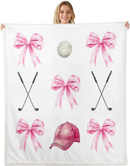 Kawaii Bow Throw Blanket,Girls Golf Bowknot Bed Plush Blanket for Kids Boys Girls Teens,Cartoon Golf Club Fleece Throw Blanket for Sofa Room Decor,Girly Sport Pink White Bed Blanket,40"x50"