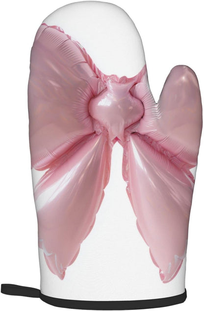 Light Pink Bow Balloon Oven Mitts and Pot Holders Sets,Heat Resistant Potholder Kitchen Decor for Cooking Baking BBQ, Oven Glove Set