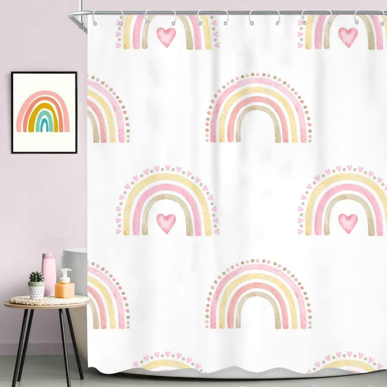 IFFVGX20 Kids Rainbow Shower Curtain for Girls 72Wx72L, Boho Pink Polka Dot Shower Curtain, Cute Girly Toddler Nursery Child Bathroom Set Modern Minimalist Aesthetic Curtain Bathtub Accessories Decor