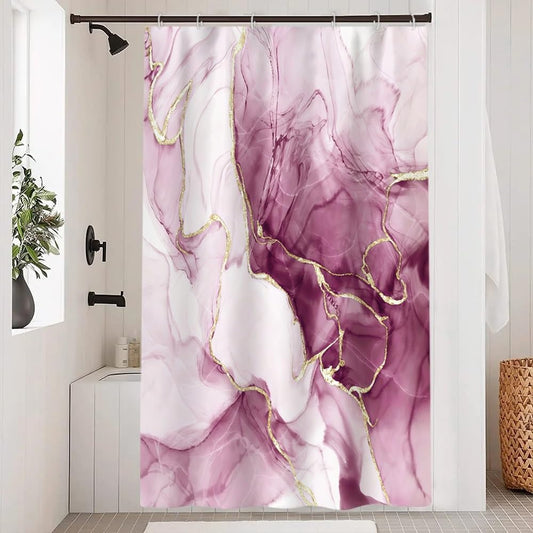 Pink Shower Curtain, Ombre Pink Marble Shower Curtain Set Modern Aesthetic Ink Texture Waterproof Bathroom Curtain with Hooks, 48x72 Inch