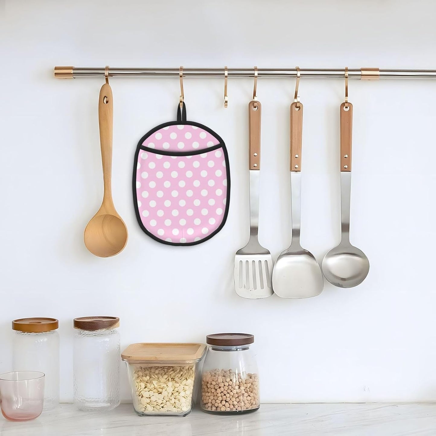 Pot Holders for Kitchen - Non Slip Silicone Oven Mitts Hot Pads, Heat Resistant Pot Holders, Light Pink Polka Dot Print B Hanging Loop Potholders for Baking Kitchen with Pocket