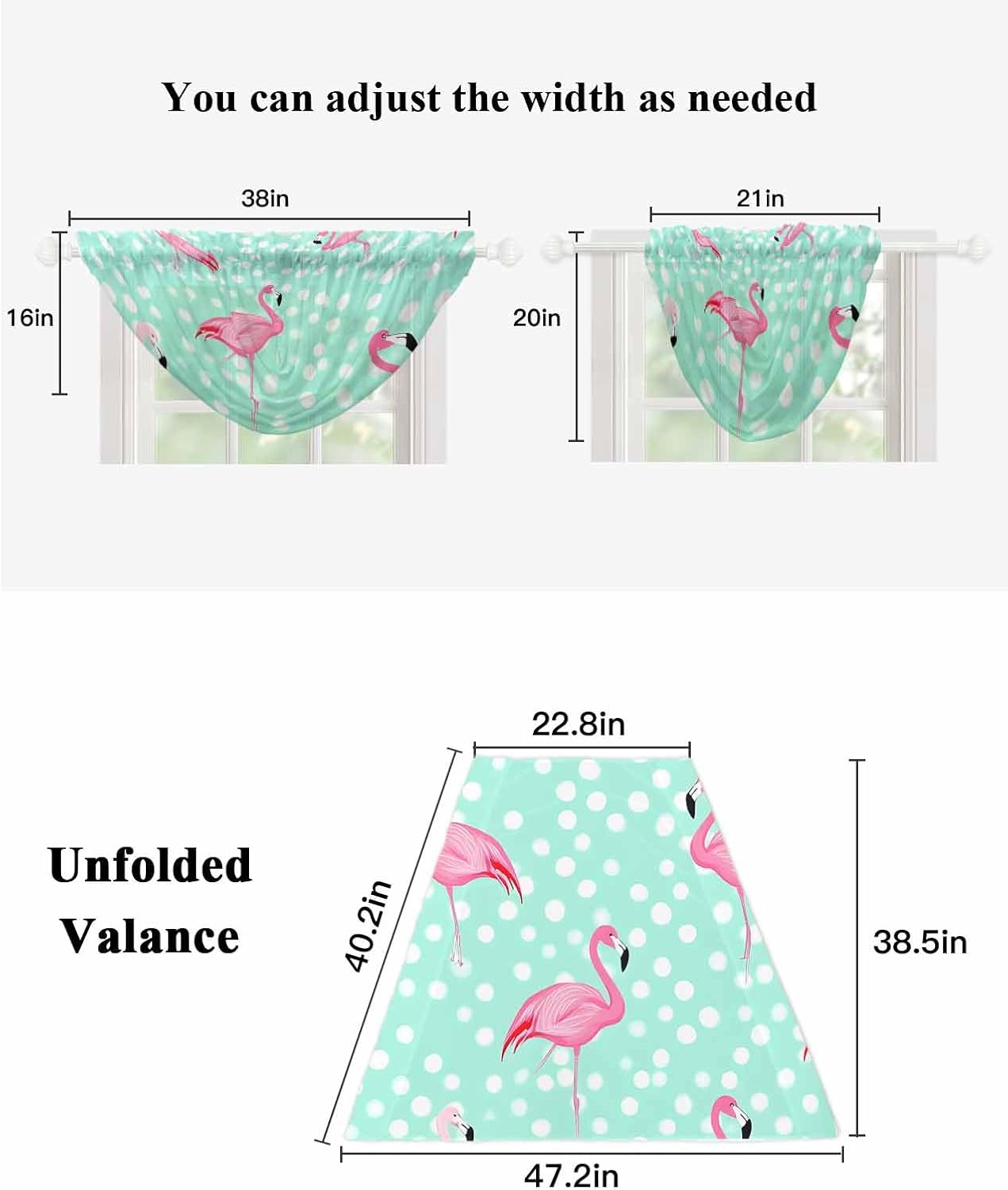 Waterfall Valances for Windows, Green Flamingo Transparent Swag Valance Curtains for Living Room Kitchen, Polka Dot Modern Art Sheer Drapes Curtains for Bedroom,38.5"x47.2",3 Panels