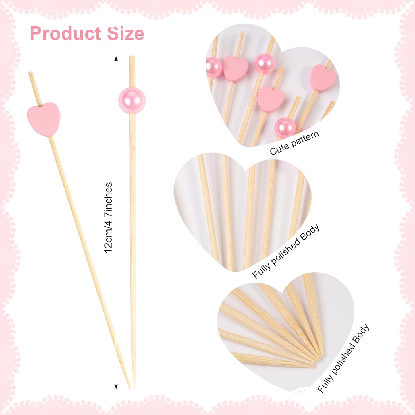 200 Pcs Heart Cocktail Picks Fancy Pearl Cocktail Toothpicks 4.7 Inch Long Bamboo Cocktail Picks Pink Food Toothpicks for Appetizers Cocktail Dessert Skewers Birthday Wedding Valentines Party