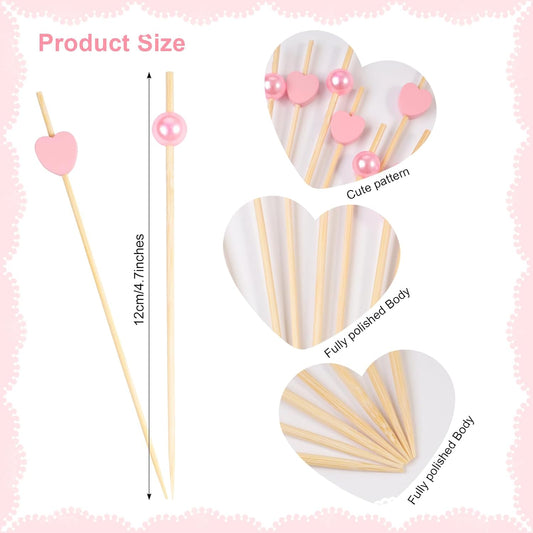 200 Pcs Heart Cocktail Picks Fancy Pearl Cocktail Toothpicks 4.7 Inch Long Bamboo Cocktail Picks Pink Food Toothpicks for Appetizers Cocktail Dessert Skewers Birthday Wedding Valentines Party
