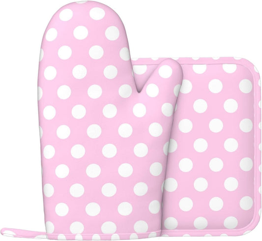 Light Pink Polka Dot Print B Oven Mitts and Pot Holders Sets - Heat Resistant Silicone Oven Mitts Pot Holders for Kitchen Cooking Baking, Non-Slip Ovens Gloves Hot Pads Potholders