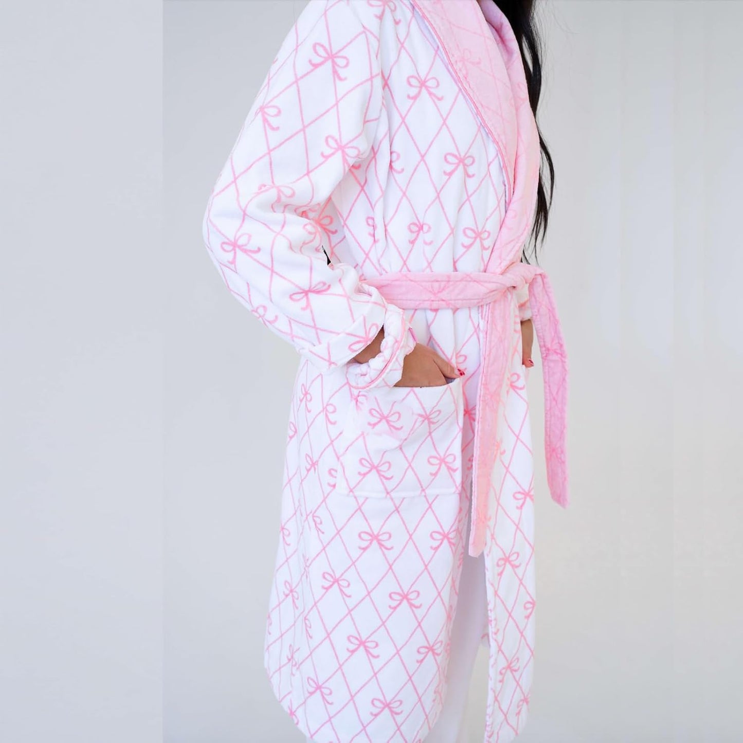 Women Valentine's Day Bow Floral Long Sleeve Plush Robes Fuzzy Shawl Collar Warm Belted Bathrobes