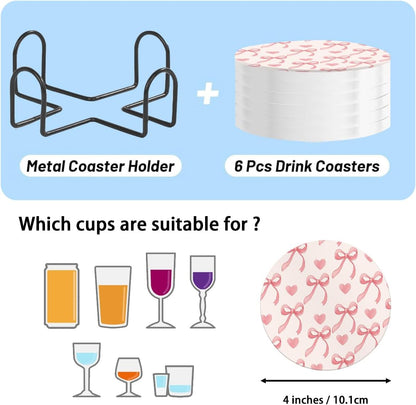 6Pcs Ceramic Coasters with Holder, Absorbent Drink Coasters, Coffee Cup Coaster,Round Ceramic Table Coasters Set Decorative Pink Bow
