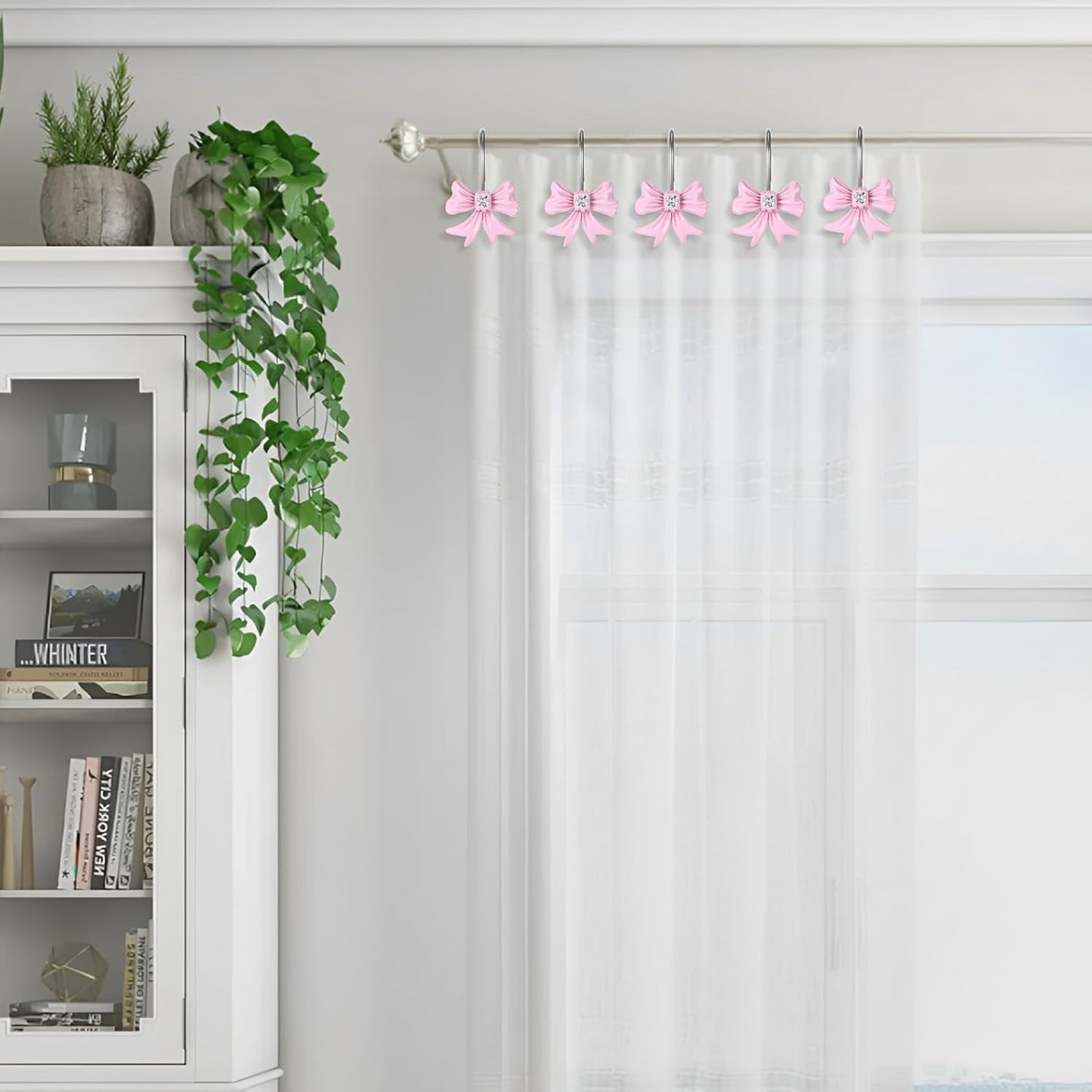 12 Pcs Pink Bow Decor Shower Curtain Hooks, Pink Bathroom Decor Bow Shower Curtain Hooks Rust Proof, Resin Cute Shower Curtain Hook Bathroom Accessories for Bathroom Art Decors