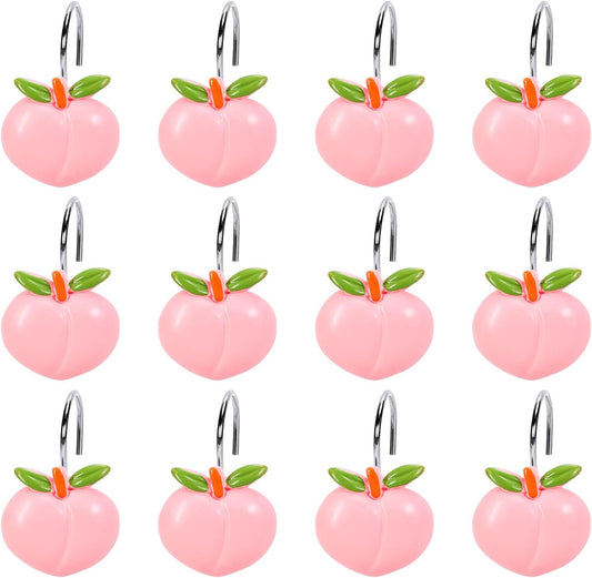 Whaline 12Pcs Peach Shower Curtain Hooks Decorative Shower Rod Rings Cute Fruit Resin Curtain Hanger Hooks for Summer Living Room Bedroom Bathroom Decor