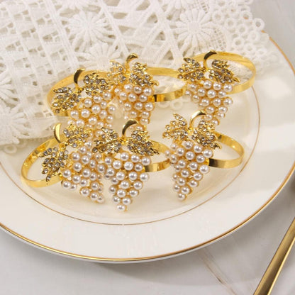 Set of 6 Grape Napkin Rings Imitation Pearl Gold Alloy Napkin Ring Holders for Dinning Table Decor (6, Gold)