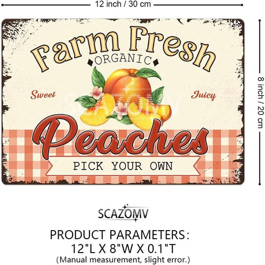 Farm Fresh Sweet Juicy Peaches Vintage Metal Tin Sign, Retro Fruit Poster Decorative Wall Art Signage, Farmhouse Country Market Kitchen Bar Home Decor, 12" X 8"