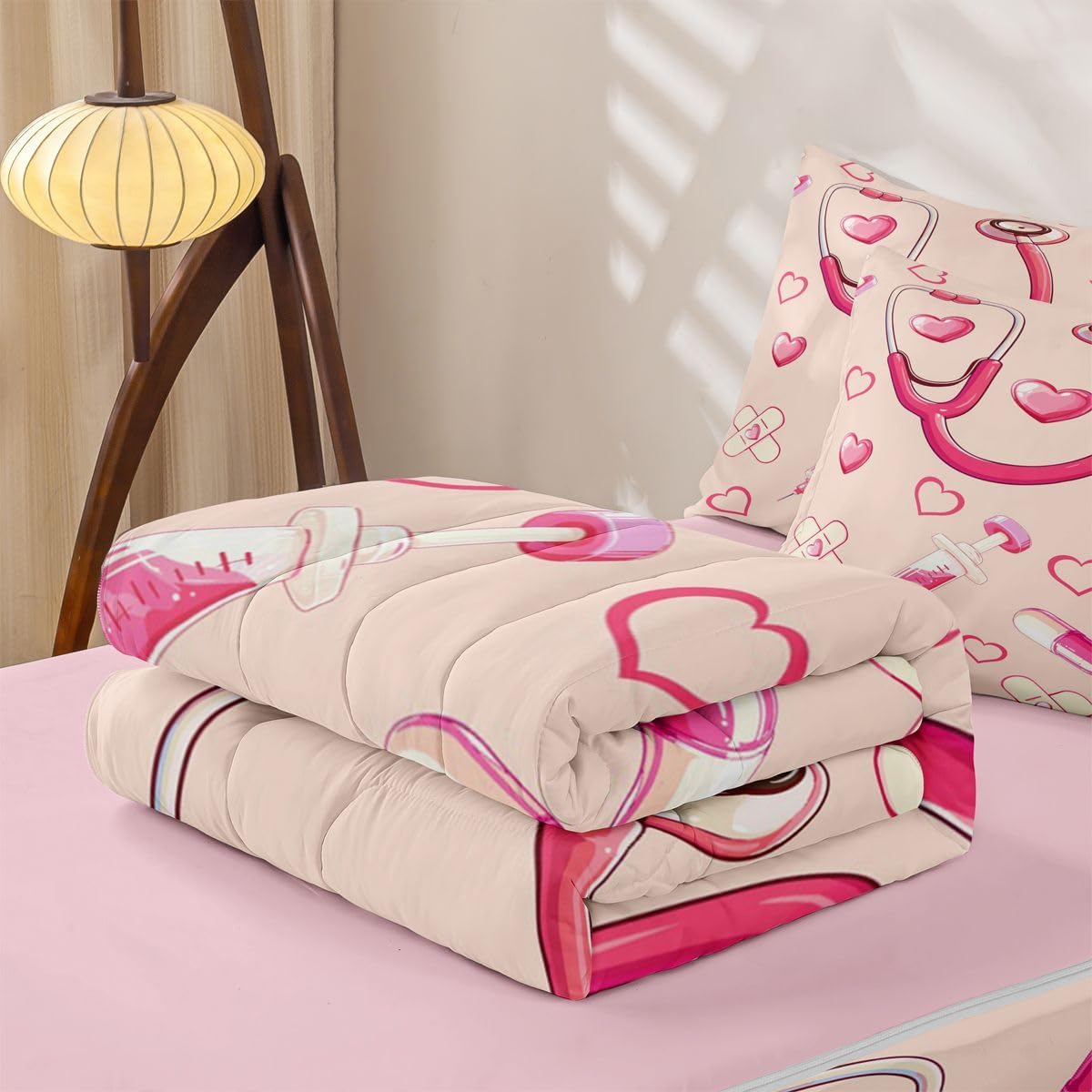 Erosebridal Peach Nurse Zipper Bedding Twin Pink Stethoscope Zip Up Bedding Set for Boys and Kids, Cute Heart Nursing Bed in a Bag Medical Healthcare Comforter with Fitted Sheet and 2 Pillowcases