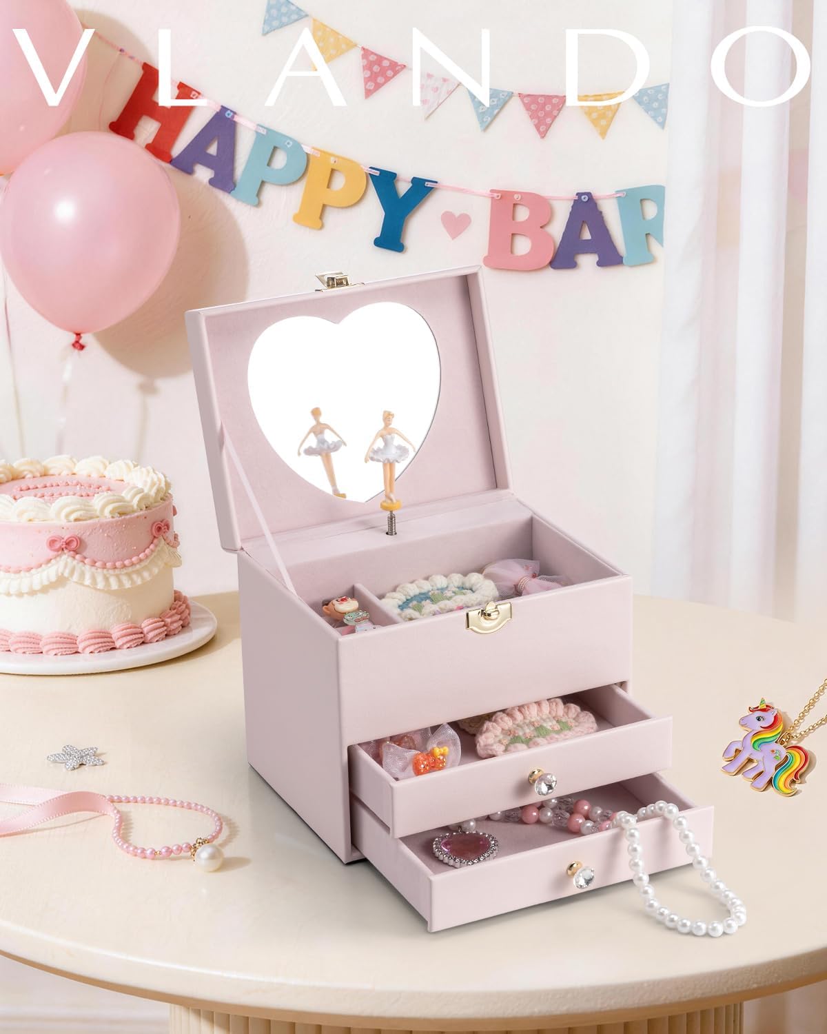 VLANDO Musical Jewelry Box for Girls - Birthday Day Gifts for Daughter Kids - Dance Girls for Ages 4 5 6 7 8-12 Year Old - Kid Music Box with Ballerina for Bedroom Decor - Light Pink