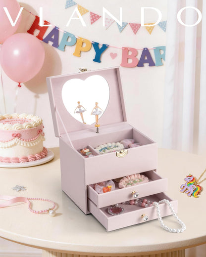 VLANDO Musical Jewelry Box for Girls - Birthday Day Gifts for Daughter Kids - Dance Girls for Ages 4 5 6 7 8-12 Year Old - Kid Music Box with Ballerina for Bedroom Decor - Light Pink