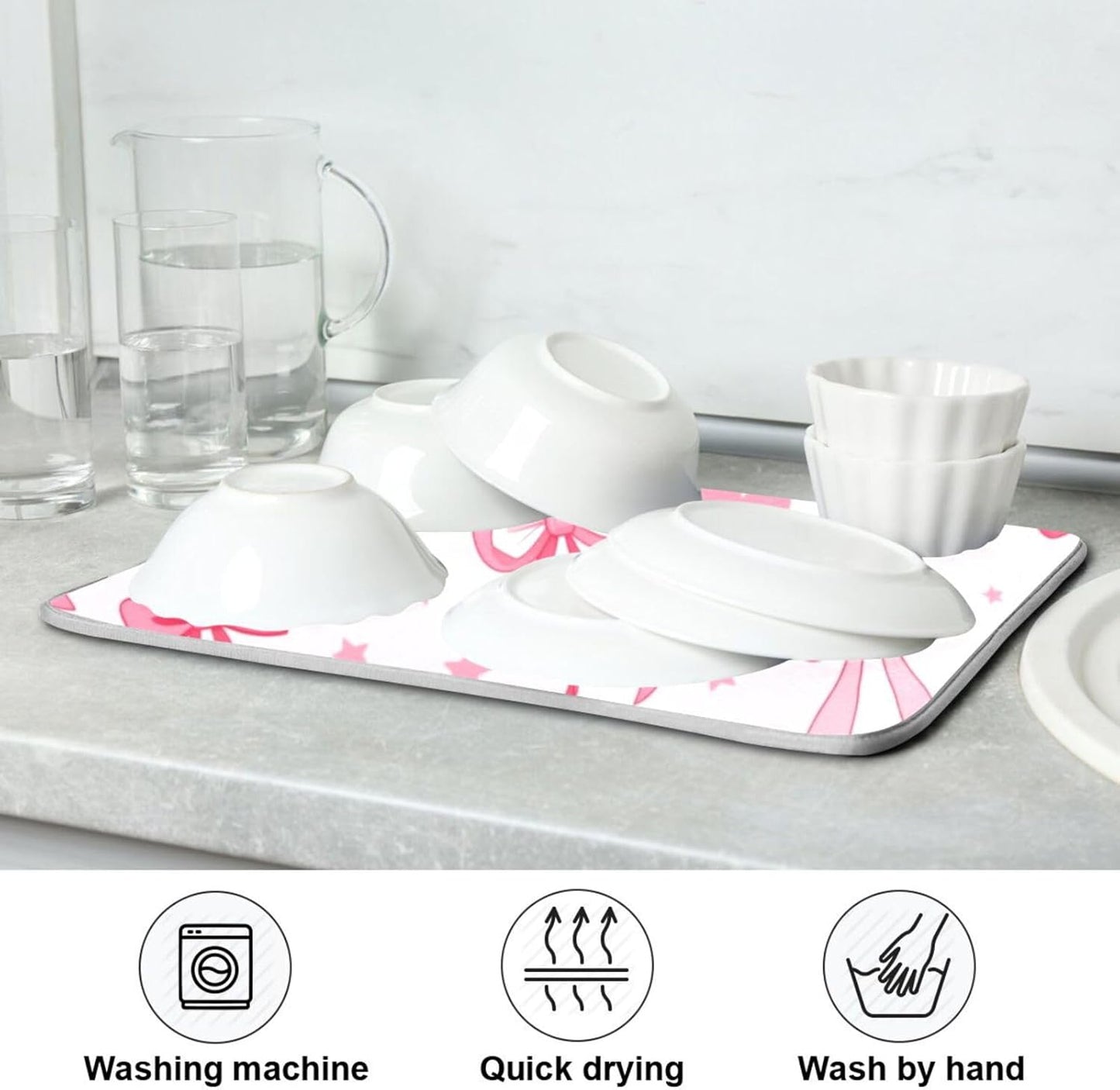 Kcldeci Pink Bows Heart Dish Drying Mat Kitchen Counter Mat Draining Mat Kitchen Accessories Dish Rack Pad for Dishes, Utensils, Countertops, Sinks 18x24in