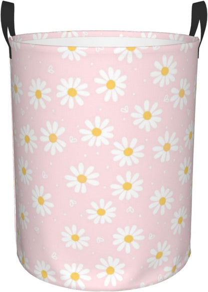 Pink Daisy Flower Large Laundry Basket,Collapsible Laundry Hamper With Handle Floral Room Decor,Round Waterproof Dirty Clothes Hamper Toy Organizer Storage Basket Gift for Home Bedroom Bathroom Decor