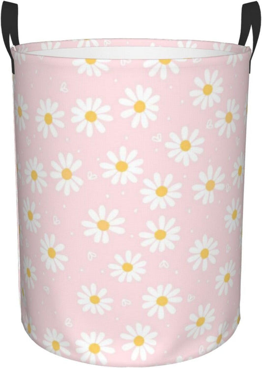 Pink Daisy Flower Large Laundry Basket,Collapsible Laundry Hamper With Handle Floral Room Decor,Round Waterproof Dirty Clothes Hamper Toy Organizer Storage Basket Gift for Home Bedroom Bathroom Decor