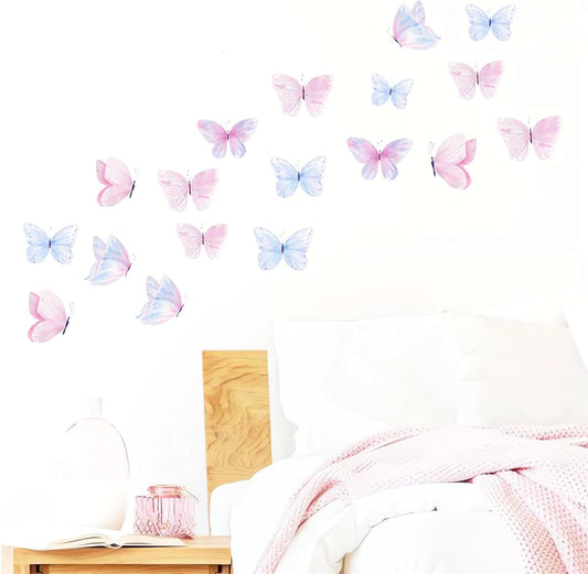 6 Sheets 36 Pcs Light Blue and Light Pink Butterfly Wall Stickers, sacinora DIY Watercolor Art Wall Decals Removable Vinyl Peel and Stick for Kids Baby Nursery Bedroom Playroom Home Decorations