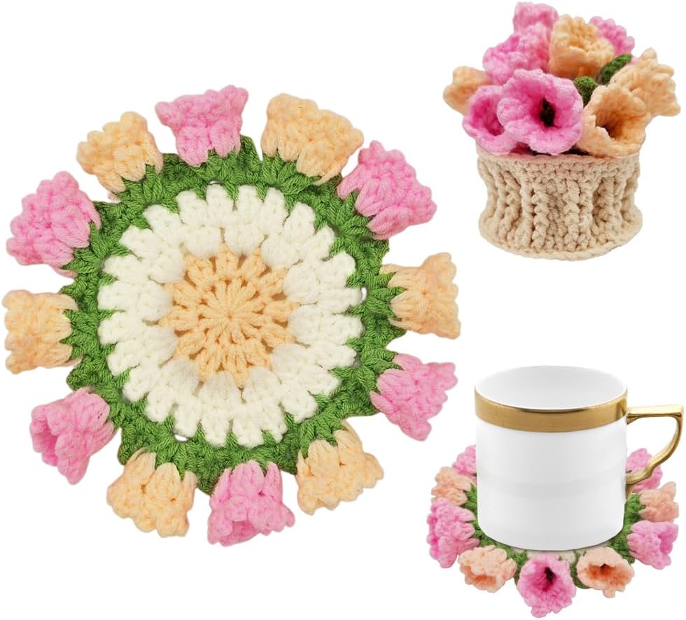 Crochet Coasters with Knitted Flowers: Completed Bar Coaster Flower Pot for Office Coffee Table Home Decor (Pink Lily of The Valley)