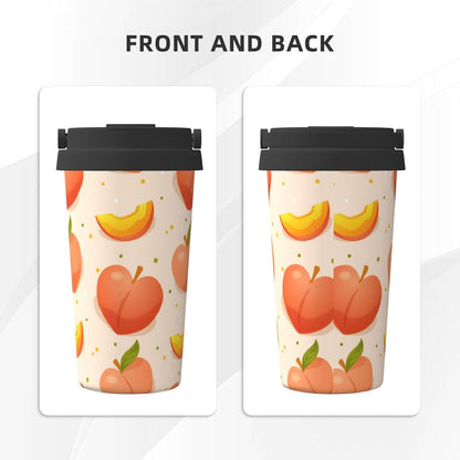 Apricot Peach Fruit Pattern Office Coffee Tumbler | Stainless Steel Travel Coffee Cup Double Wall Insulated Flip Lid Lightweight Portable Driving Mug