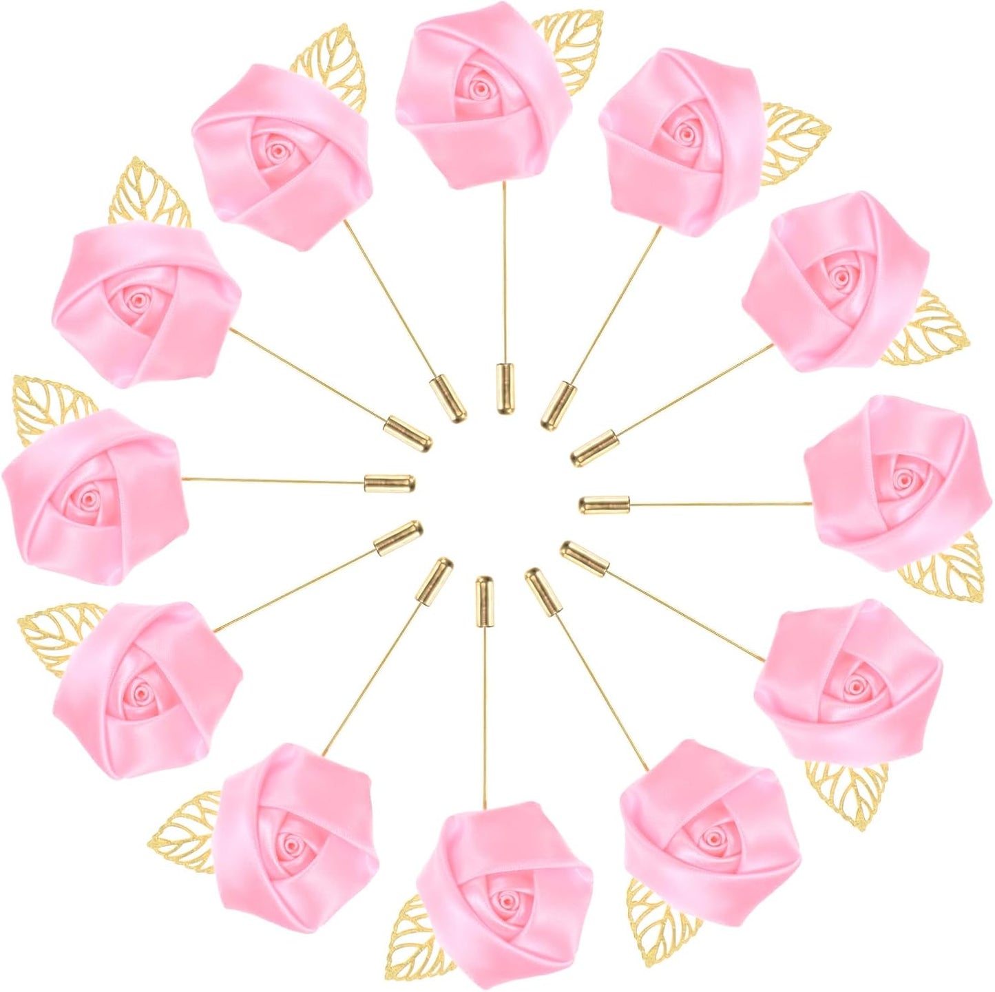 M METERXITY 12-Pack Flower Lapel Pins for Men, Golden Leaf Rose Boutonnieres Pin for Wedding/Dance/Party, Mens Lapel Pins for Suits Satin Flower Corsage Hat Pins [Pink]