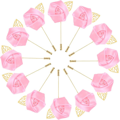 M METERXITY 12-Pack Flower Lapel Pins for Men, Golden Leaf Rose Boutonnieres Pin for Wedding/Dance/Party, Mens Lapel Pins for Suits Satin Flower Corsage Hat Pins [Pink]