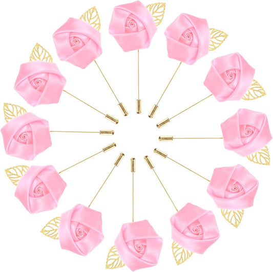 M METERXITY 12-Pack Flower Lapel Pins for Men, Golden Leaf Rose Boutonnieres Pin for Wedding/Dance/Party, Mens Lapel Pins for Suits Satin Flower Corsage Hat Pins [Pink]