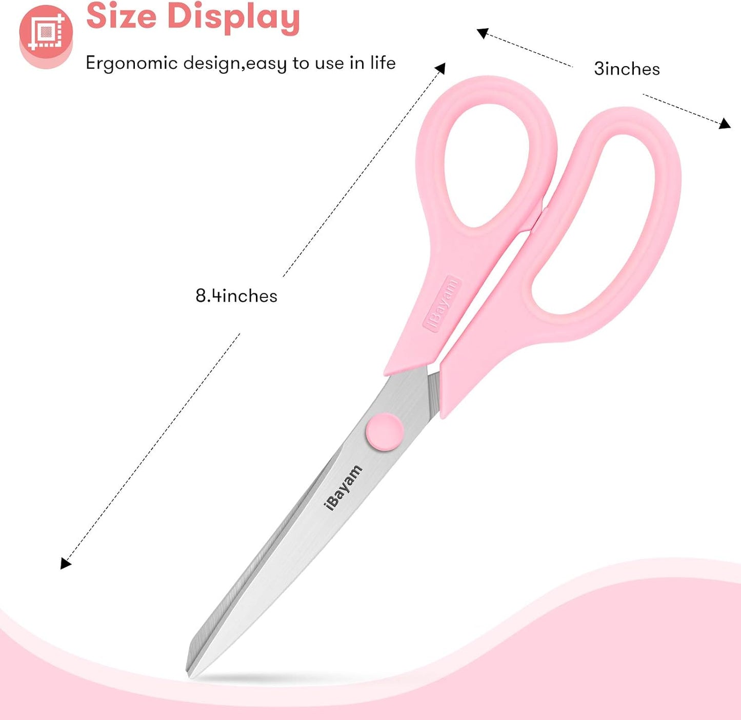 iBayam 8.5" Scissors All Purpose, 2.5mm Sharp Blade, 3 Cute School Office | Soft Comfort-grip, Left/Right Handed, Cuts Cardboard, Fabric, Vinyl & Leather for Office, Classroom, School & Craft Desk