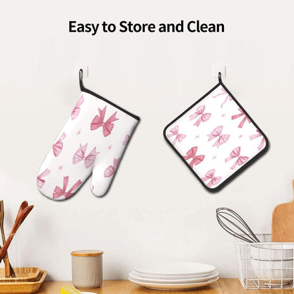 Nine Light Pink Bows Oven Mitts and Pot Holders Sets,Heat Resistant Potholder Kitchen Decor for Cooking Baking BBQ, Oven Glove Set