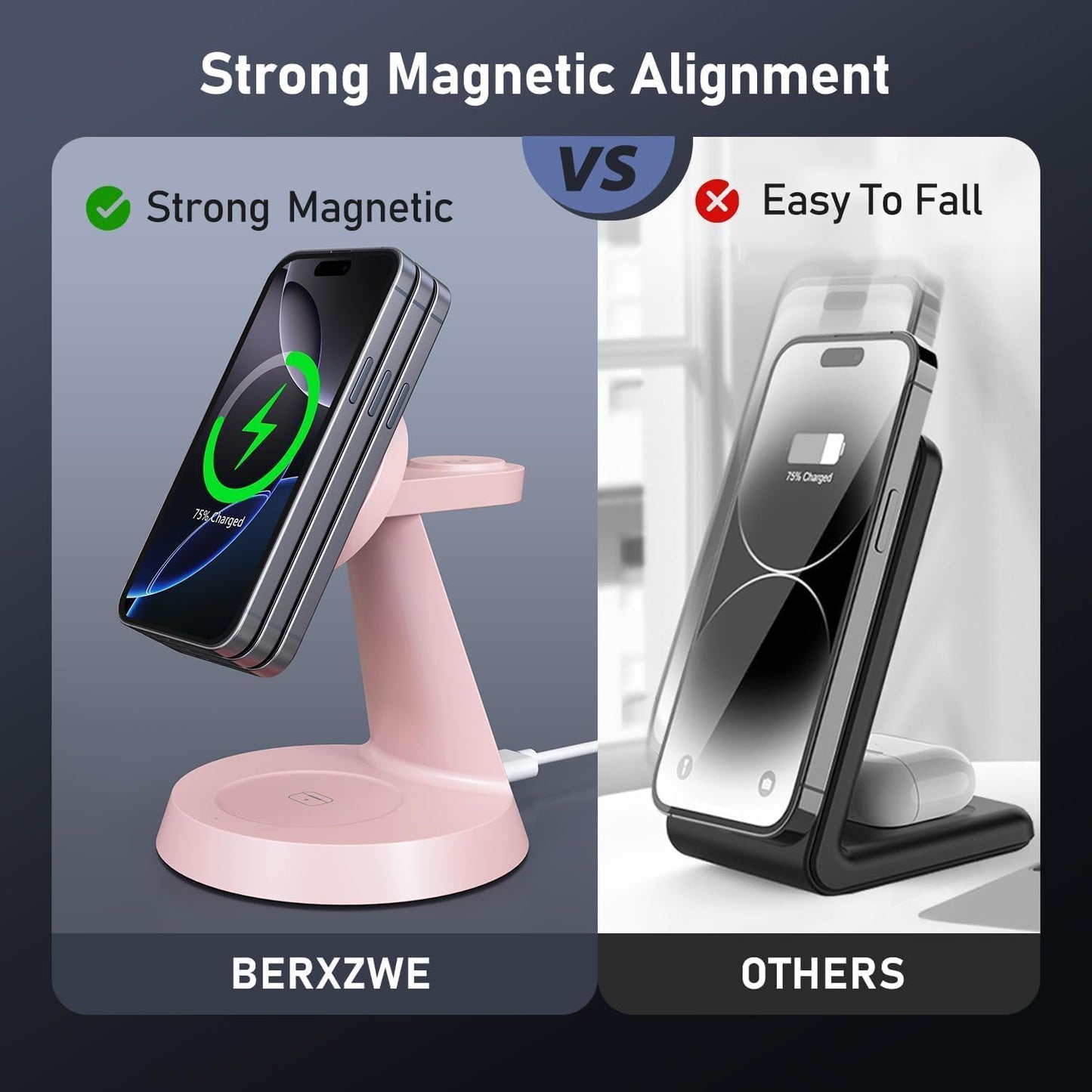 Charging Station 3 in 1 Wireless Charger for Apple Devices, 15W MagSafe Stand Compatible with iPhone 17 16 15 14 13 12 Pro Max Plus, Charging Dock for AirPods 4 3 2 & iWatch Series (Pink)