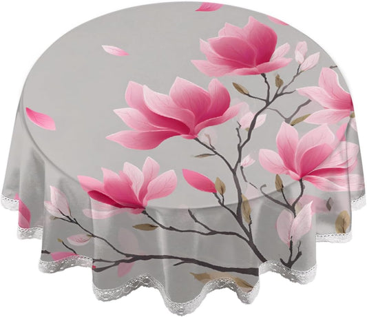 Round Tablecloth with Lace Trim Pink Magnolia Flower Art On Gray,60IN