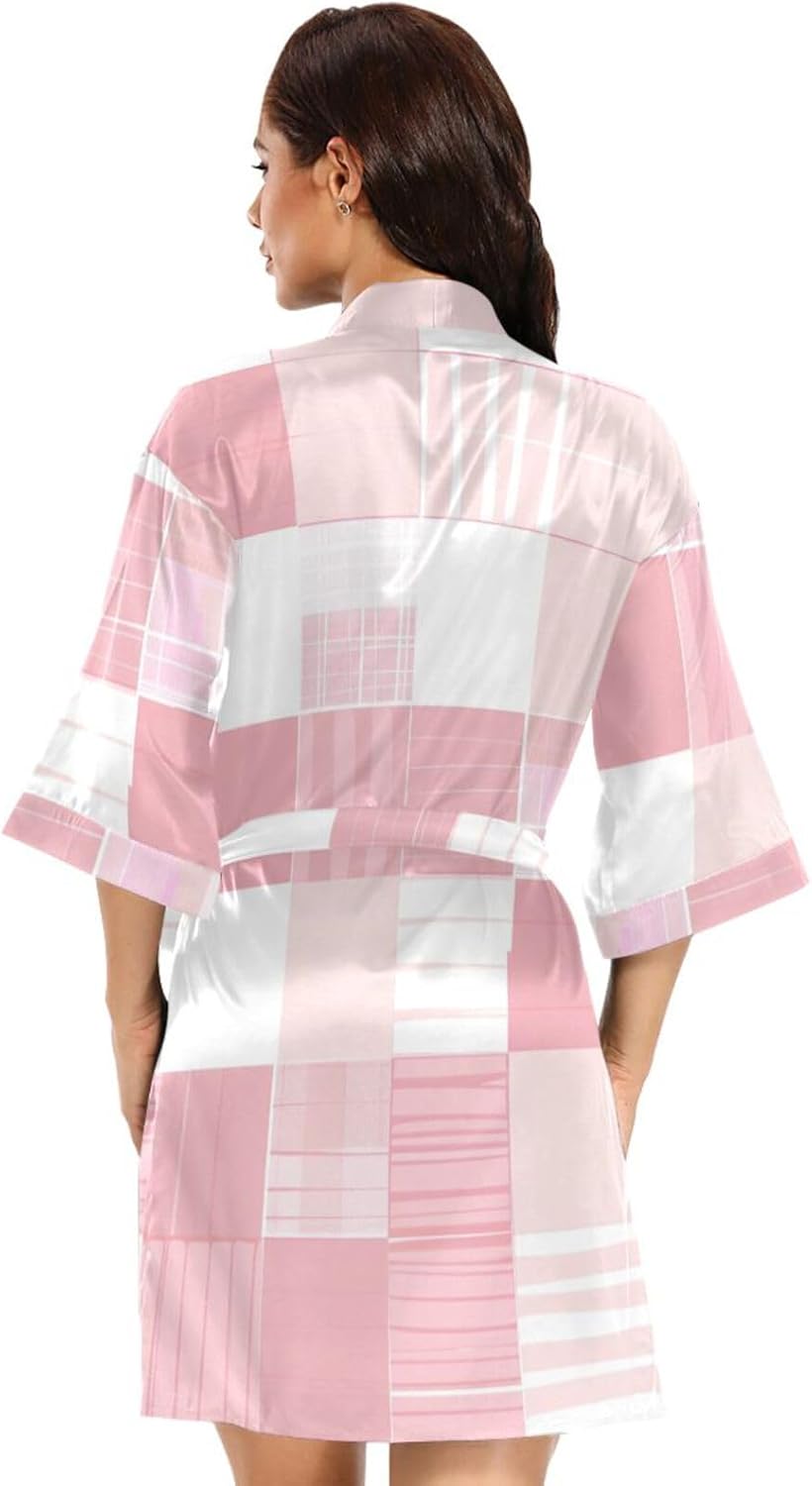 Light Blush and White Checkered Pattern Womans Bathrobes Large Womans Robe for Bathroom